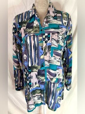 Vintage 80s/90s Oleg Cassini Multicolor Abstract Oversized Blouse, Size M